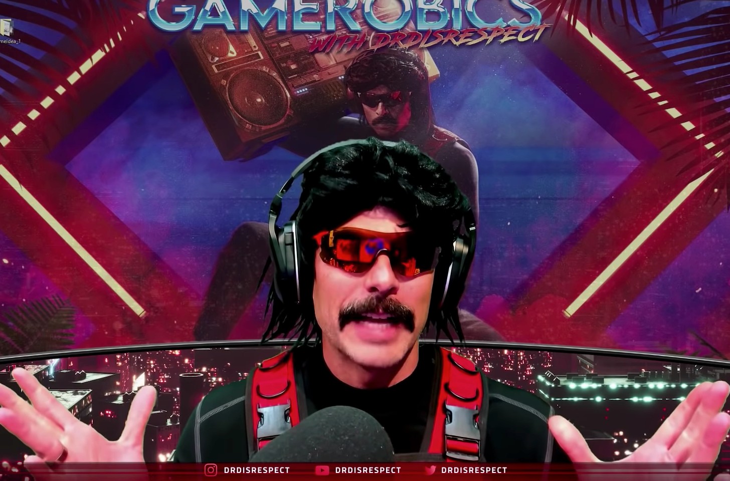 Dr Disrespect with his hands raised during a livestream.