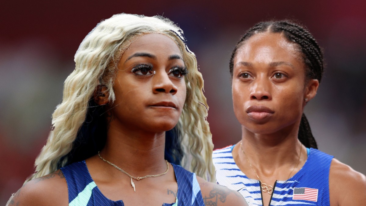 Two photos featuring Sha'Carri Richardson and Allyson Felix