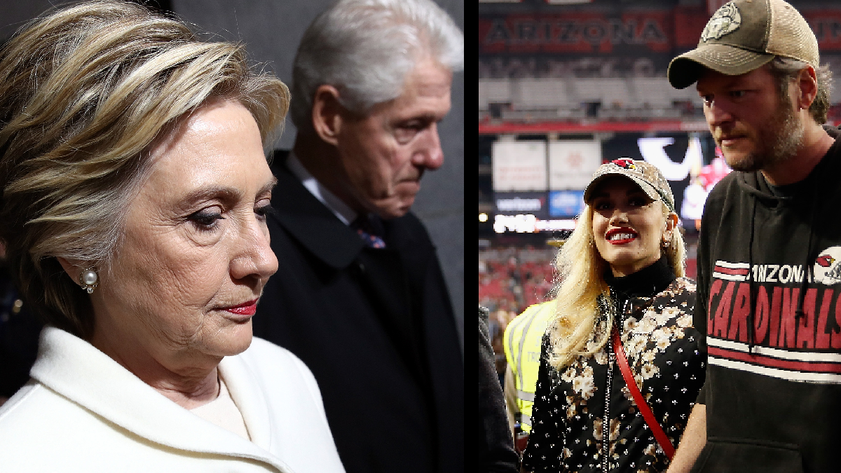 Two photos, (left) shows Hilary Clinton and Bill Clinton walking indoors. (Right) Gwen Stefani and Blake Shelton attend a football game