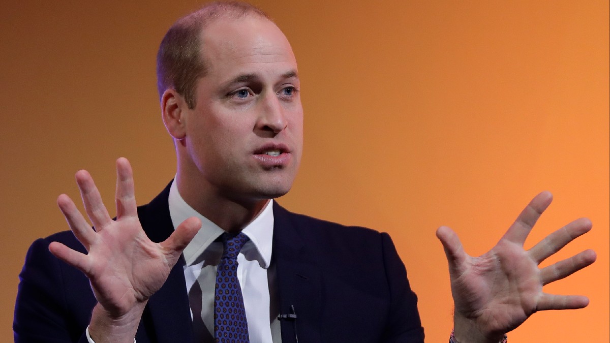 Prince William wears a dark suit against an orange background