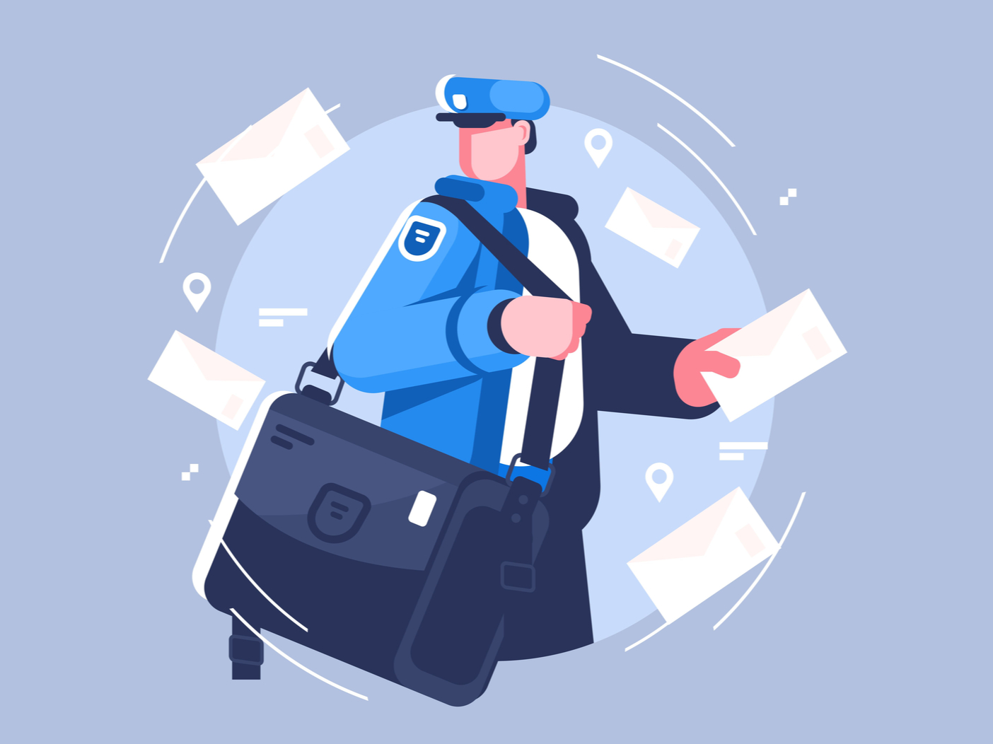 Postman with bag delivering letters vector illustation. Cartoon man in uniform holding mail flat style concept. Letters and mailman for profession and delivery service themes design