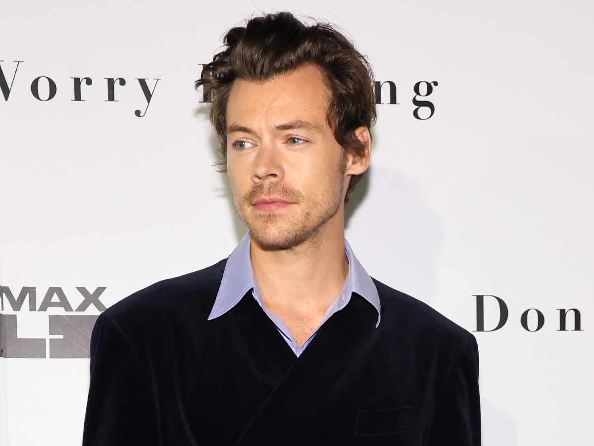 Harry Styles poses in dark blue jacket against white backdrop
