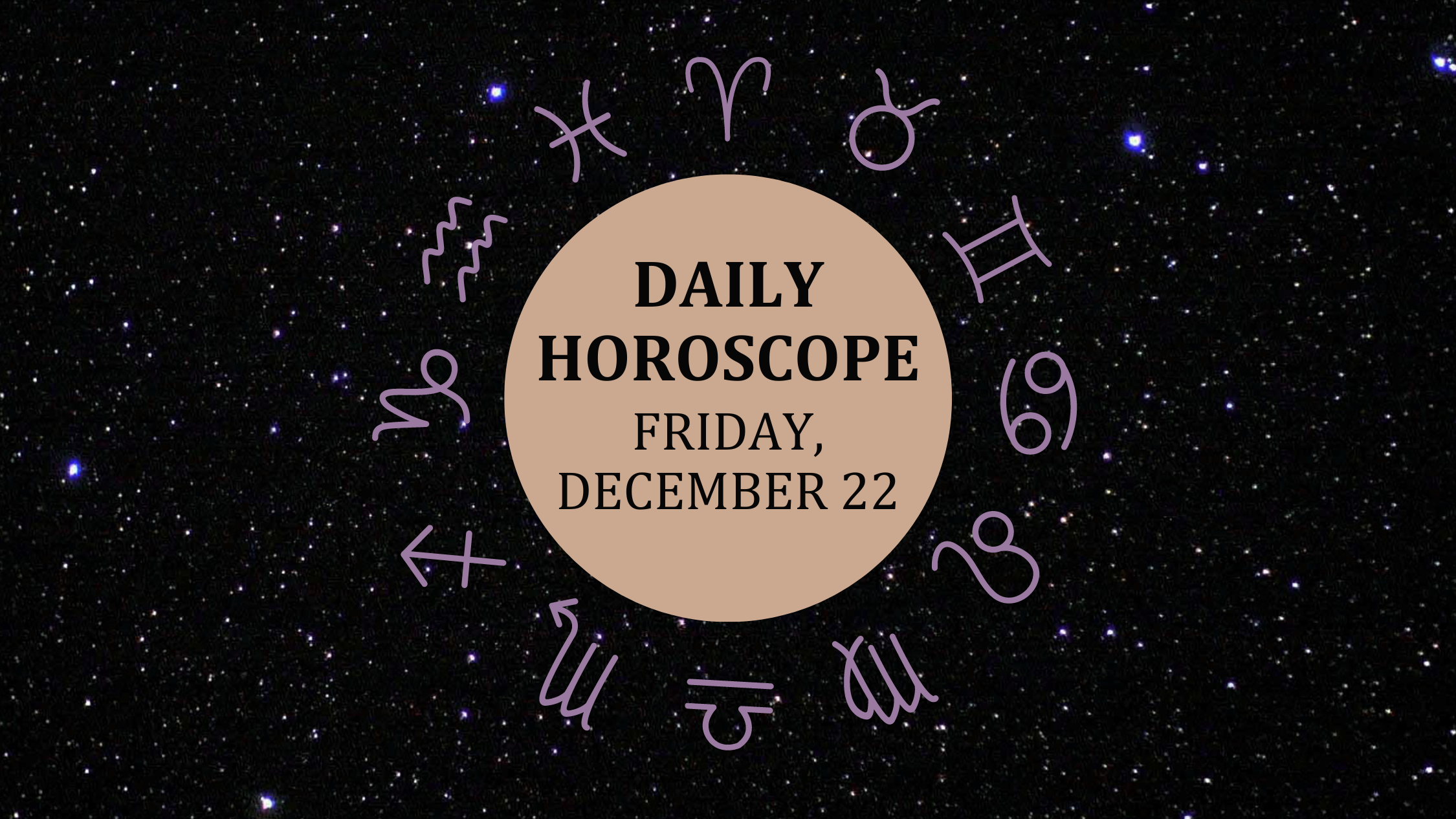 Zodiac wheel with text in the middle: "Daily Horoscope: Friday, December 22"