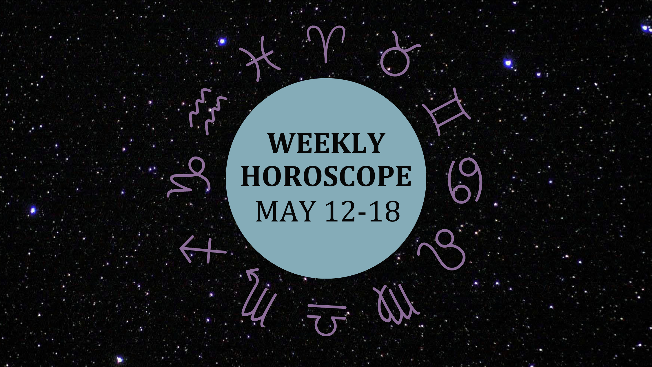 Zodiac wheel with text in the middle: "Weekly Horoscope: May 12-18"