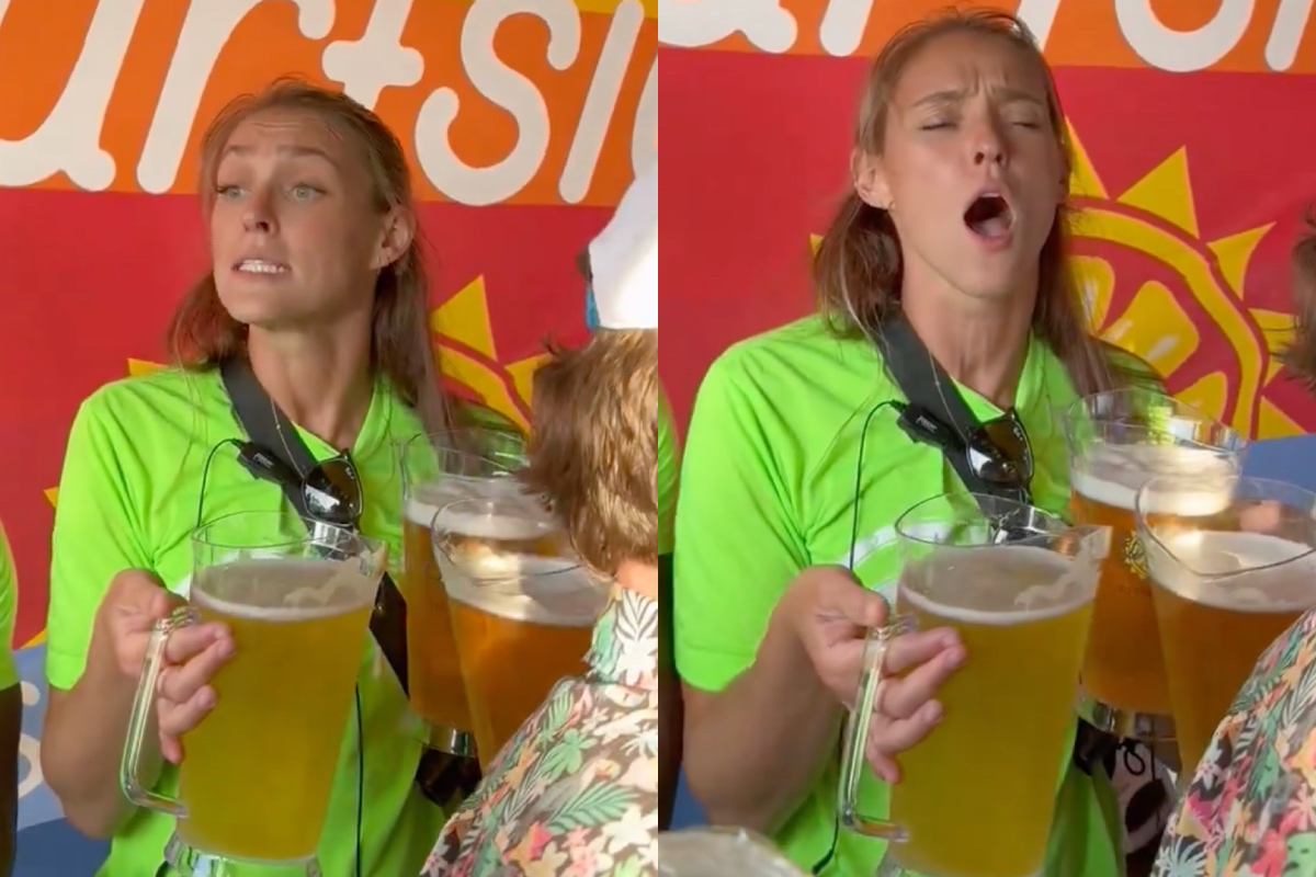 kylie-kelce-sings-taylor-swifts-love-story-while-holding-3-pitchers-of-beer-shes-so-drunk