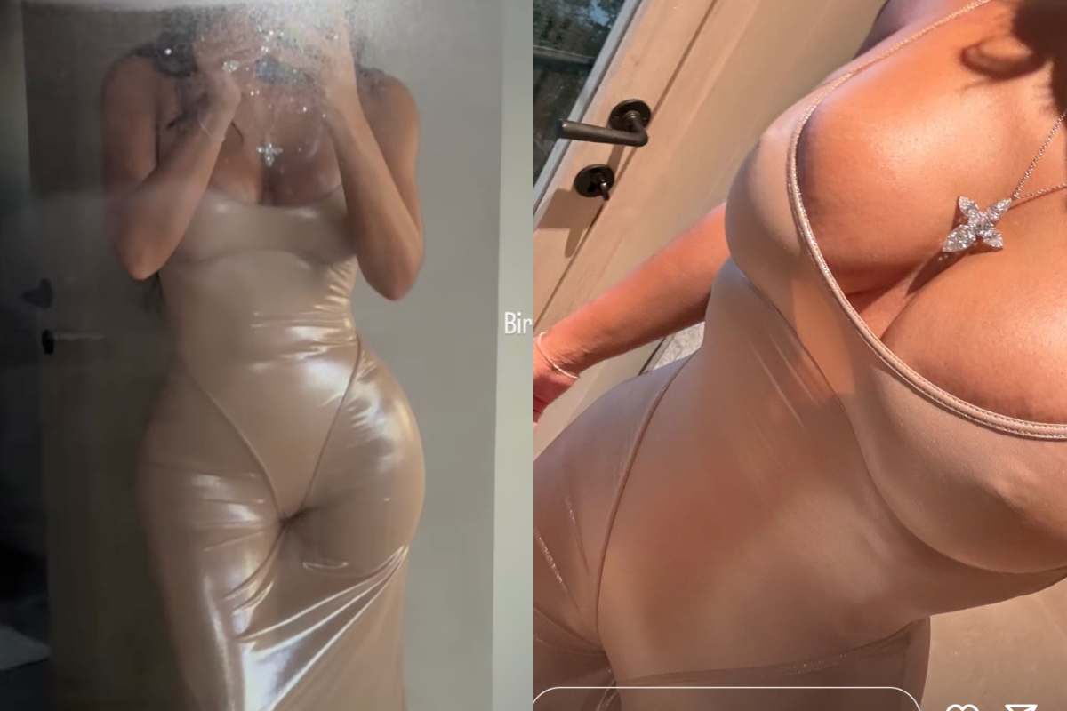 Kim Kardashian Celebrates Turning 44 in Barely There Skin-Colored Gown